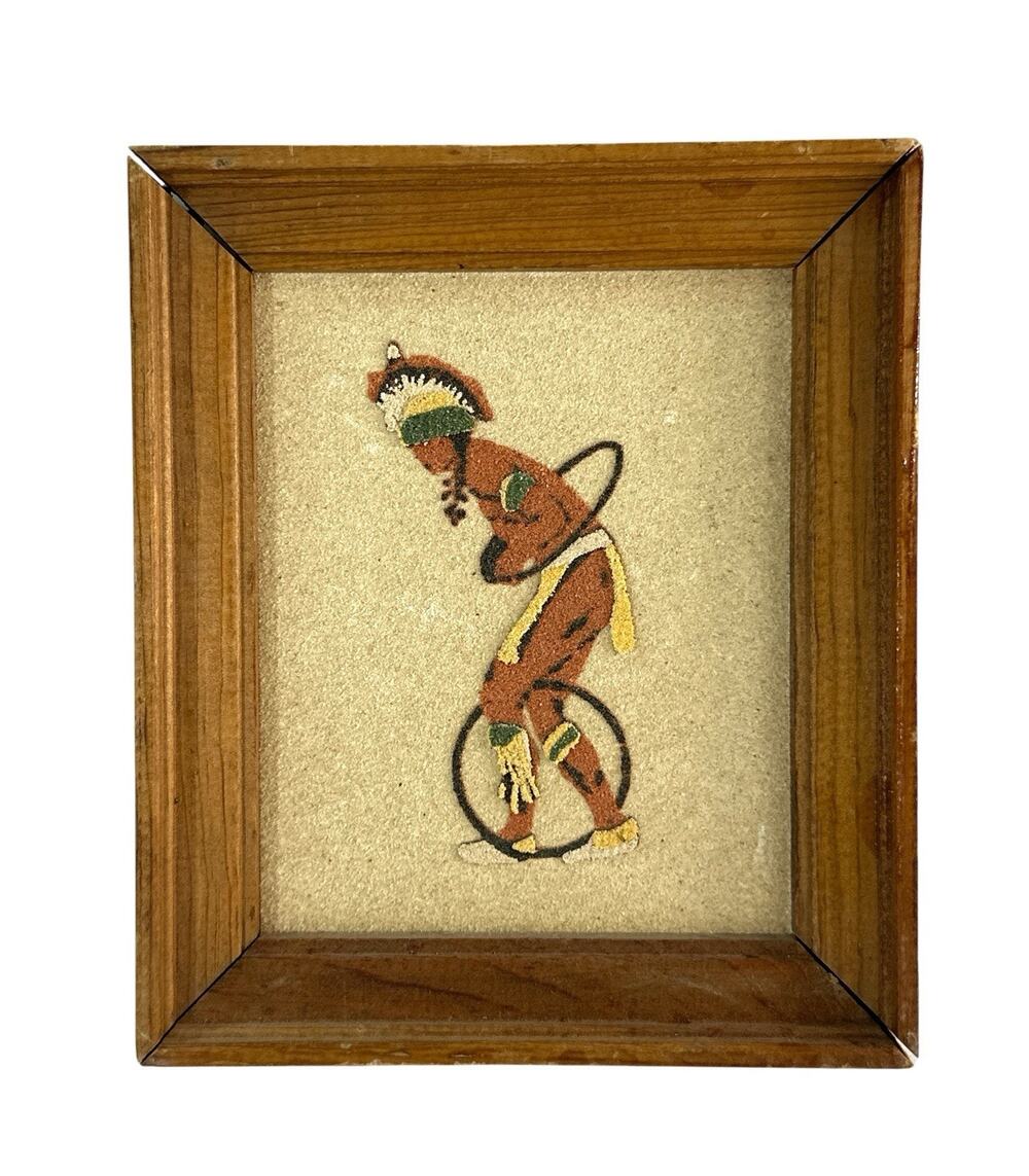 Vintage New Mexico Sand Painting Hoop Dancer Native American Southwest Framed 7”